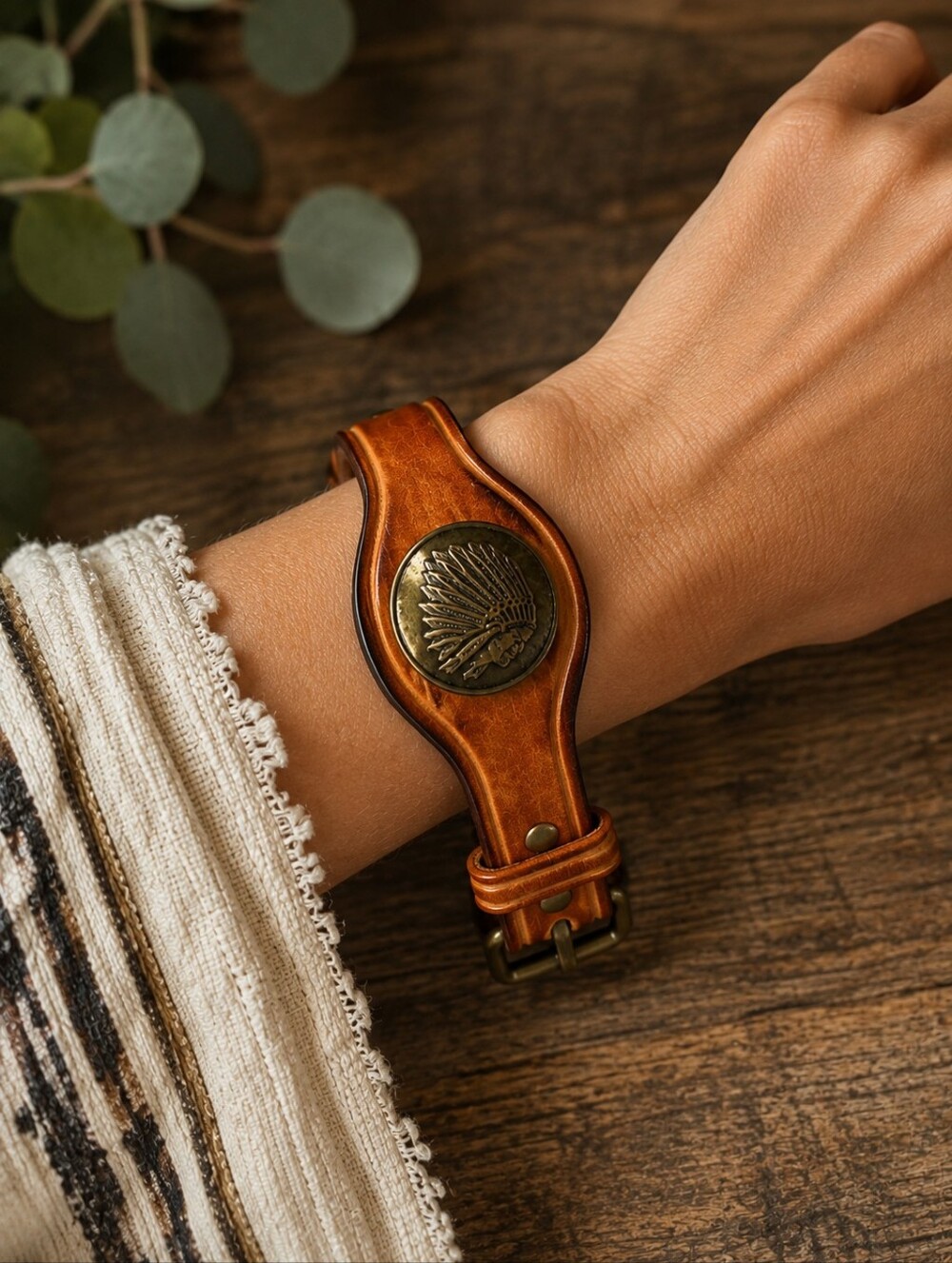 Leather Buckle Indian Concho  Bracelet